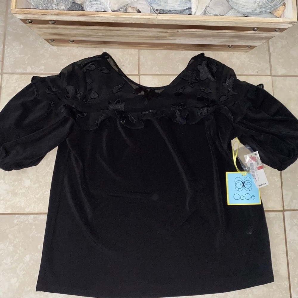 CeCe Women’s Sheer Black Flower Embroidered Short Sleeve Light Blouse XS (0-2)